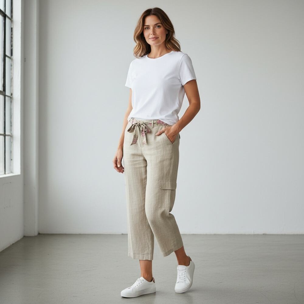 FIRST ISSUE Women's Linen Blend Trousers & Tie Belt 16 Relaxed Coastal Casual